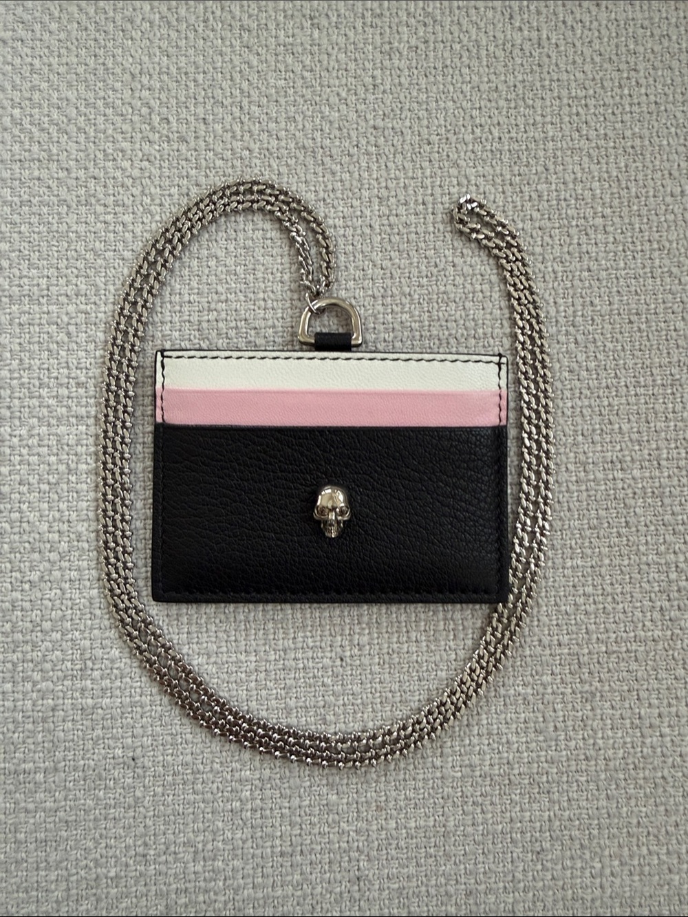 Brand New! Alexander McQueen Black Cardholder. Pink & White Trim, Silver Chain.